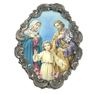 Vintage Jesus Plaque, Mary Joseph Jesus, Religious Art, Holy Family wall hanging